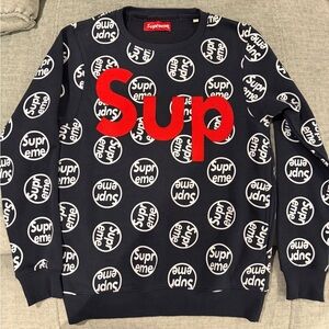 Supreme Men's Blue Crewneck Sweater with Red Logo Size M